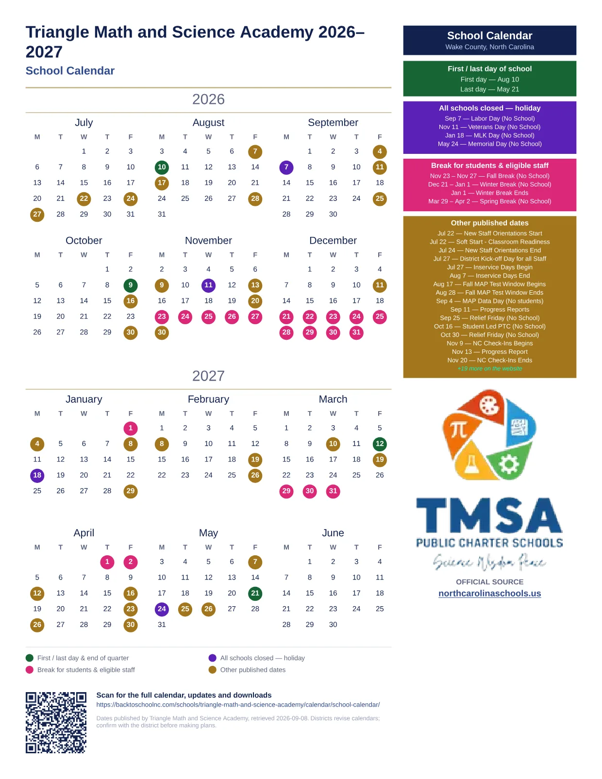 Triangle Math and Science Academy School Calendar 2026–2027 printable calendar