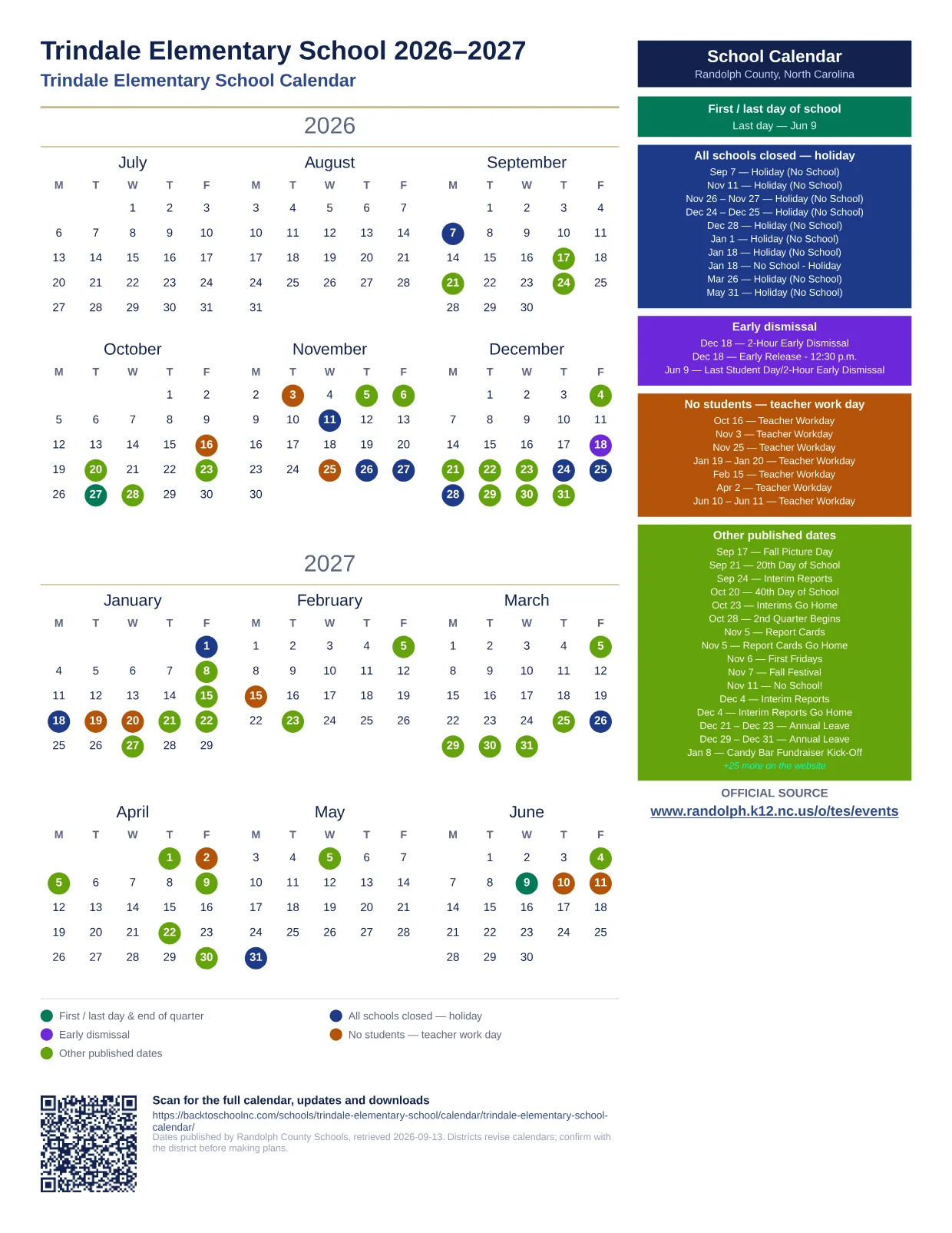 Trindale Elementary School printable calendar