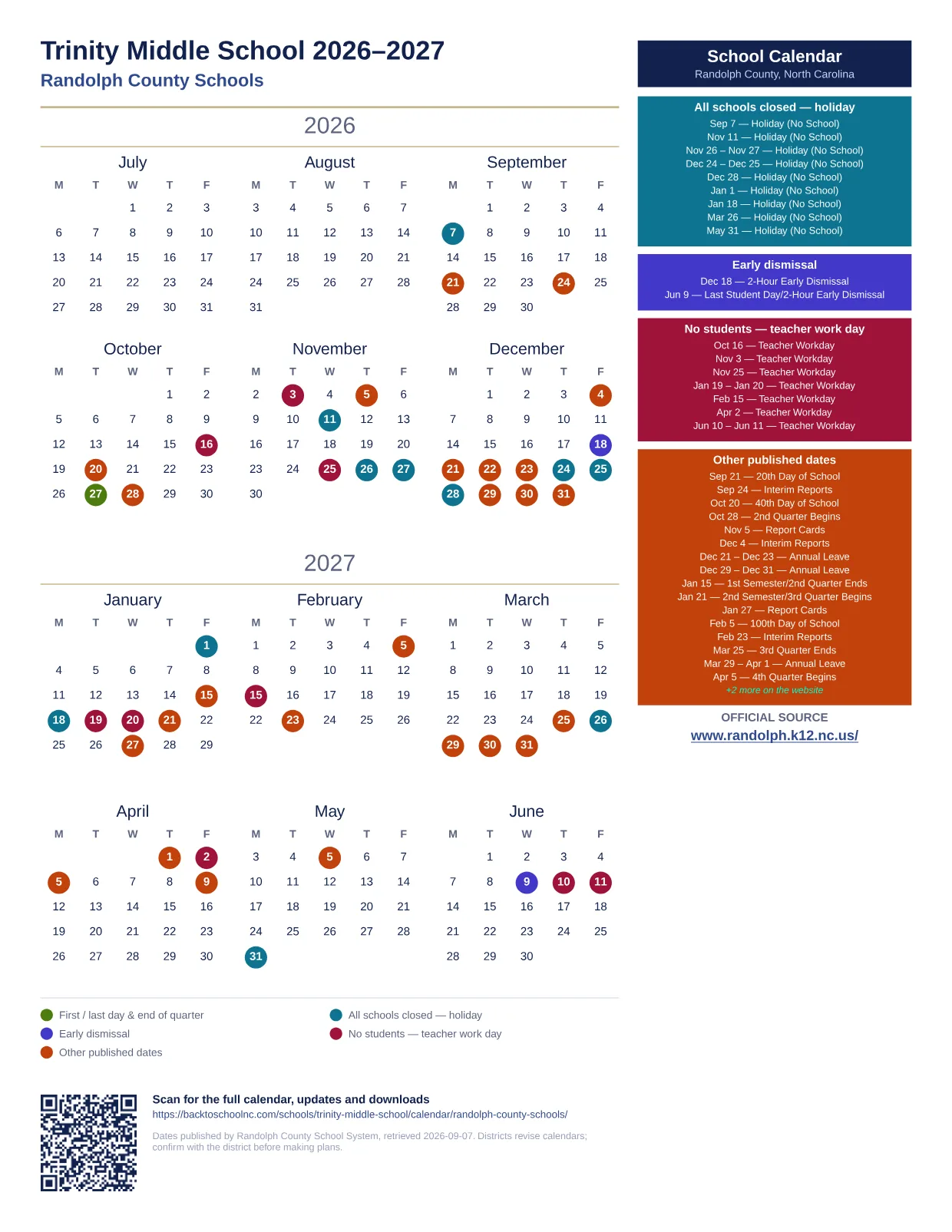 Trinity Middle School printable calendar