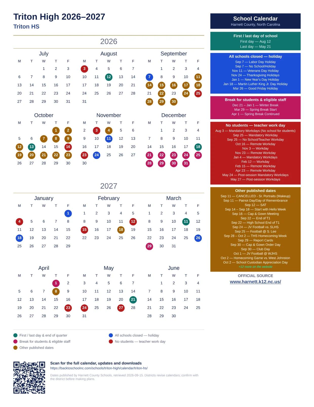 Triton High 2026–2027 printable calendar