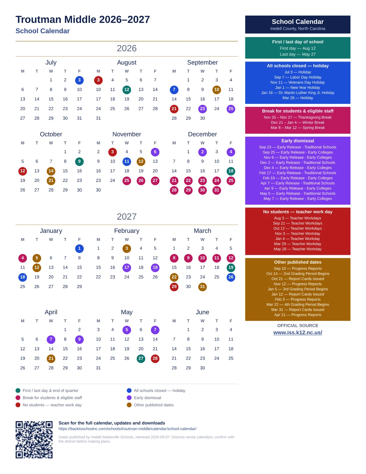 Troutman Middle 2026–2027 printable calendar