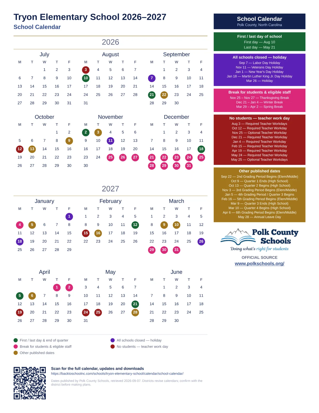 Tryon Elementary School 2026–2027 printable calendar