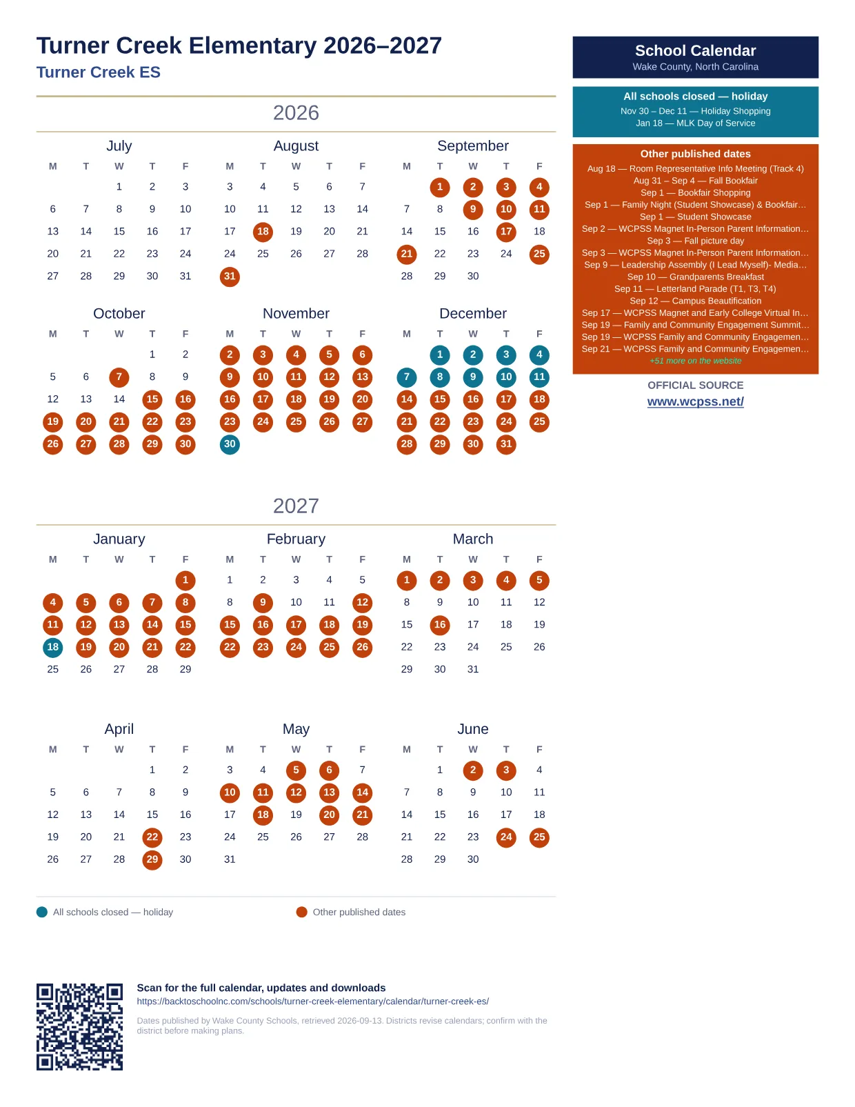 Turner Creek Elementary  printable calendar