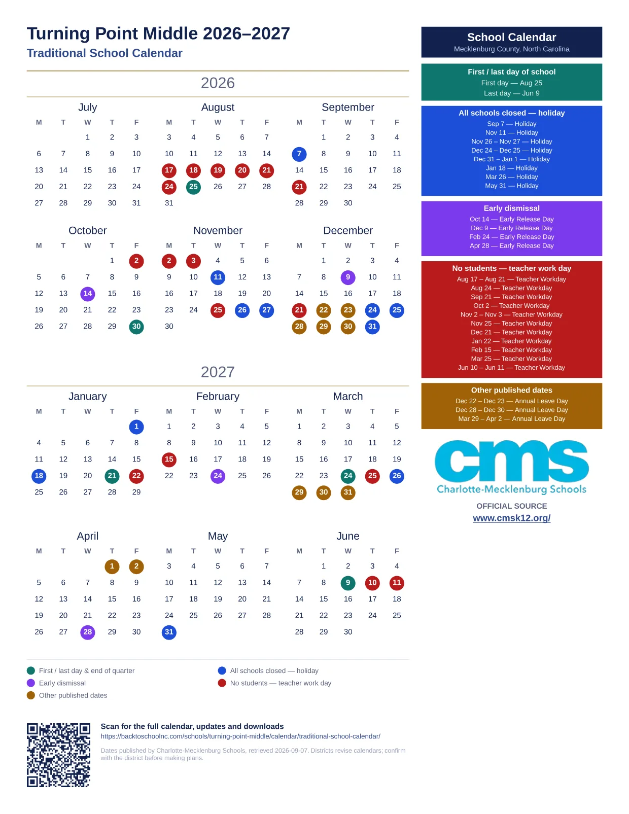 Turning Point Middle 2026–2027 printable calendar