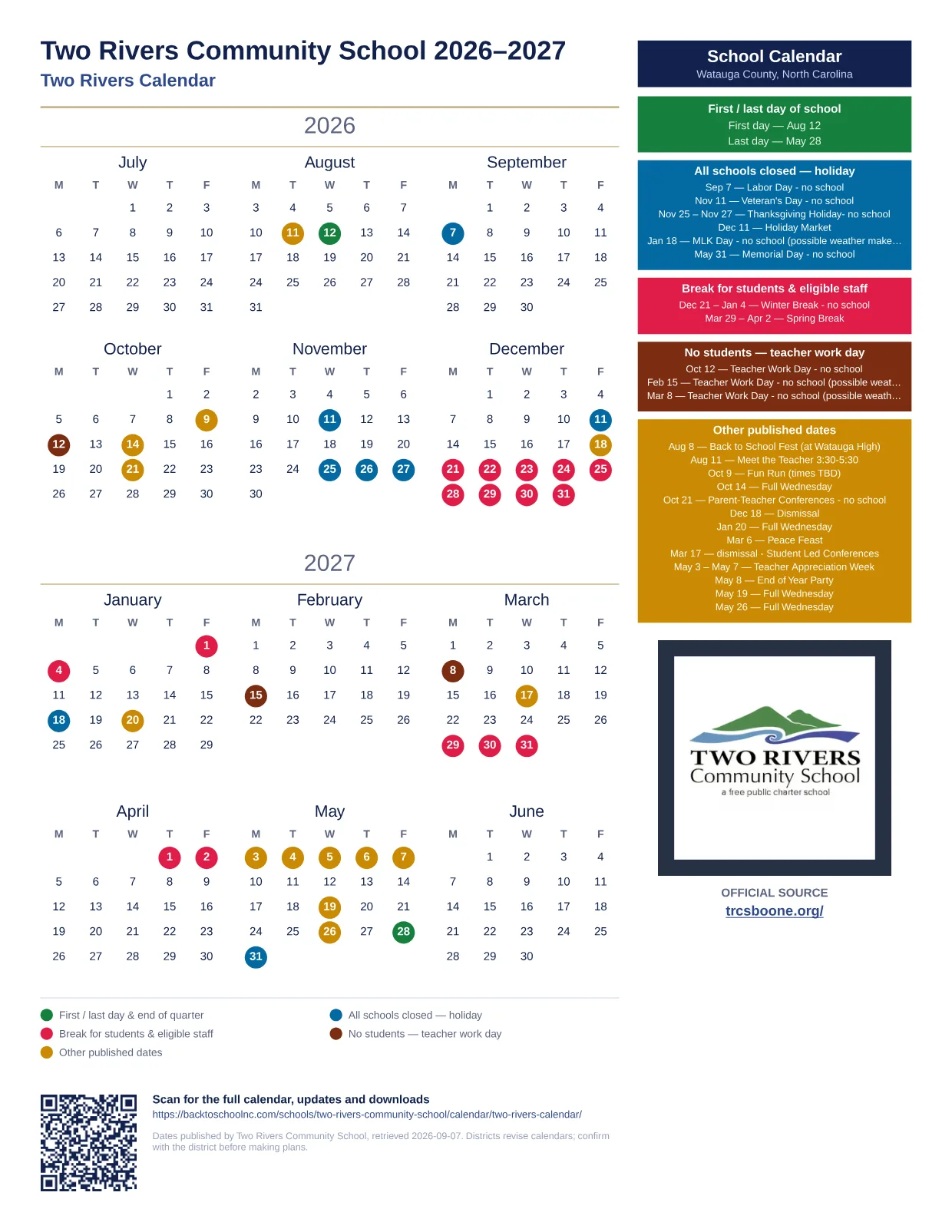 Two Rivers Community School Two Rivers Calendar 2026–2027 printable calendar