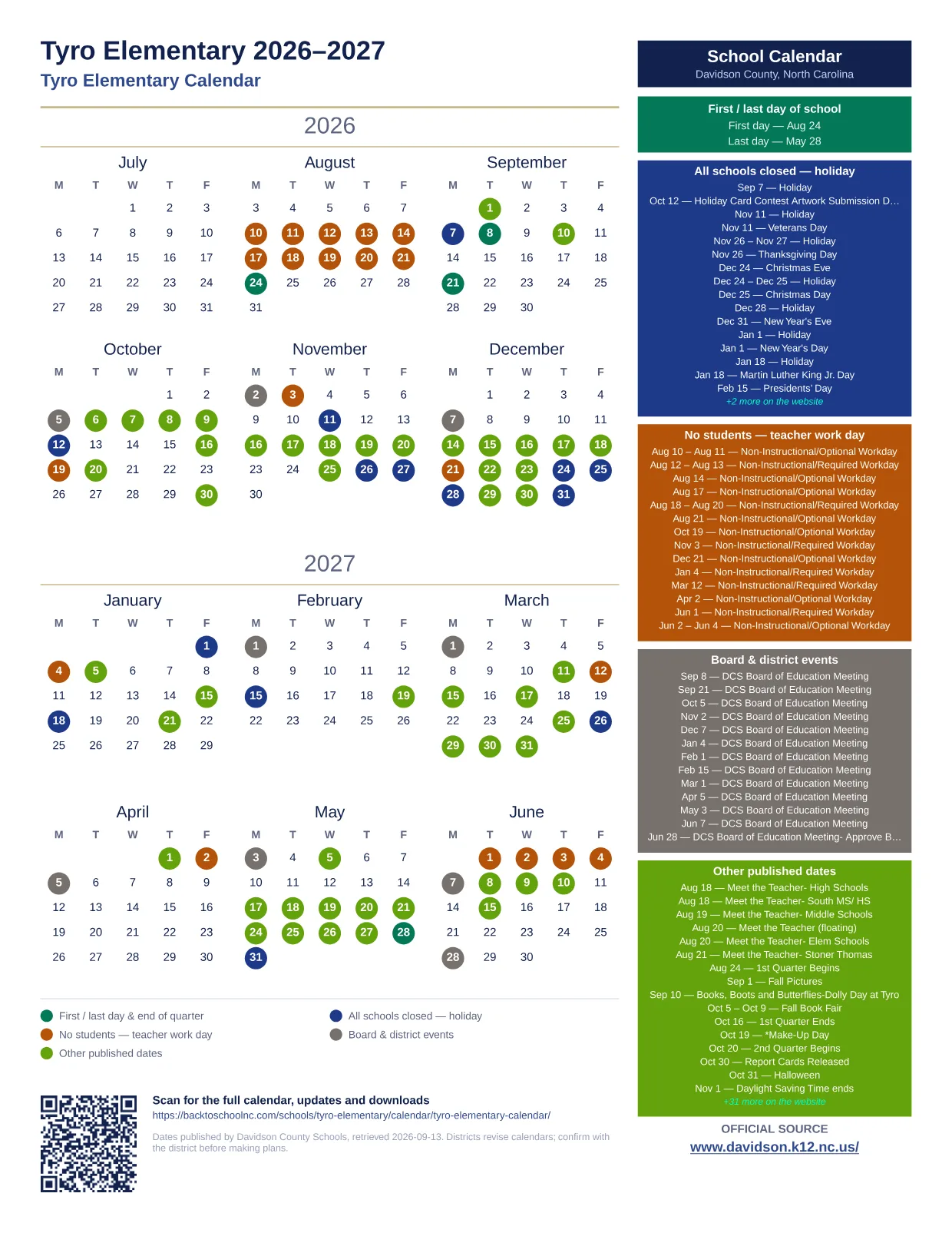 Tyro Elementary 2026–2027 printable calendar