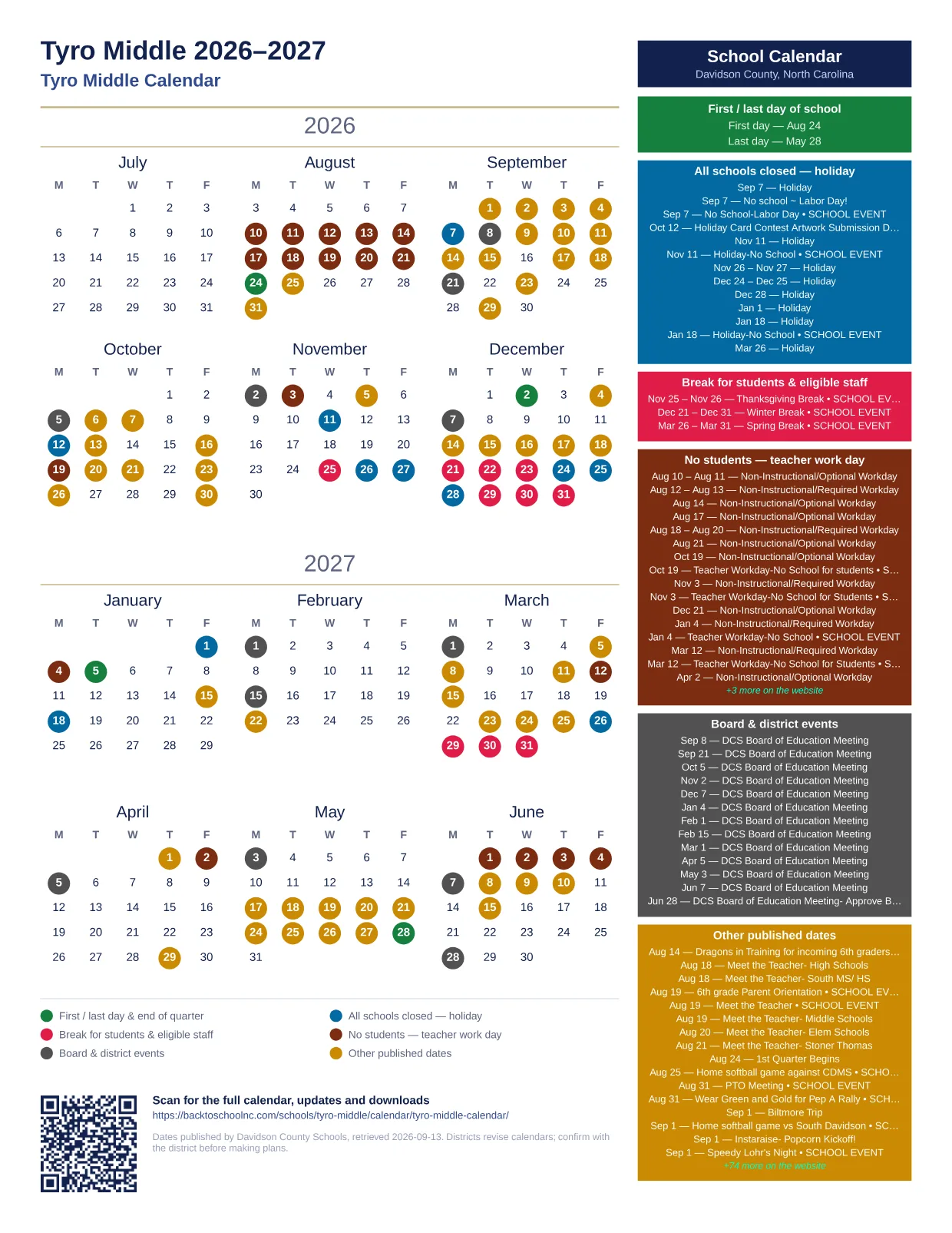Tyro Middle 2026–2027 printable calendar
