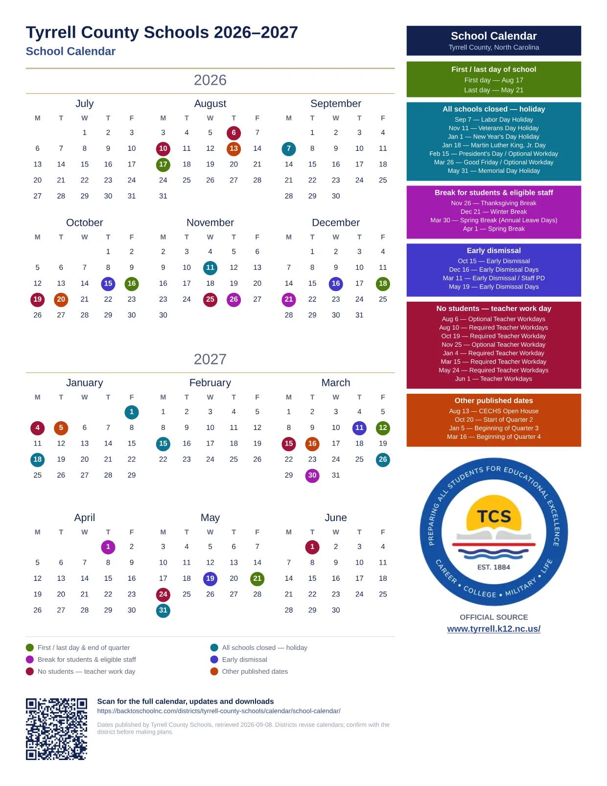 Tyrrell County Schools School Calendar 2026–2027 printable calendar