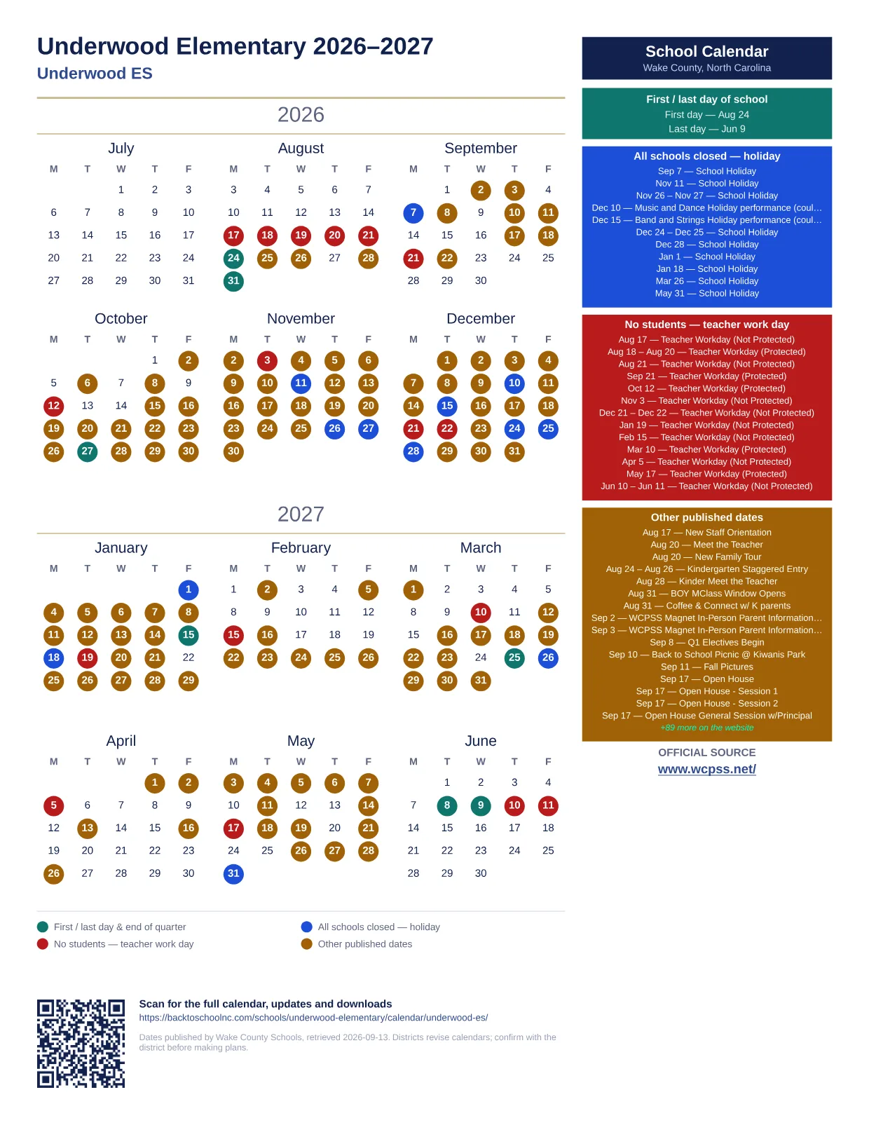 Underwood Elementary 2026–2027 printable calendar