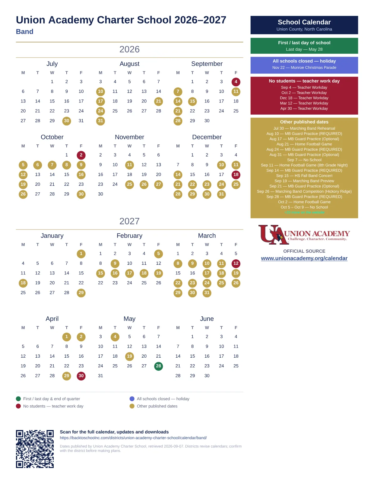 Union Academy Charter School Band  printable calendar
