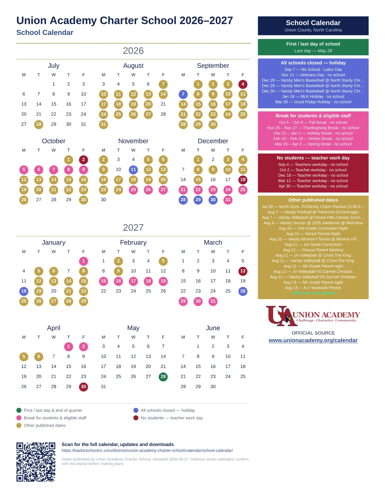 Union Academy Charter School School Calendar  printable calendar