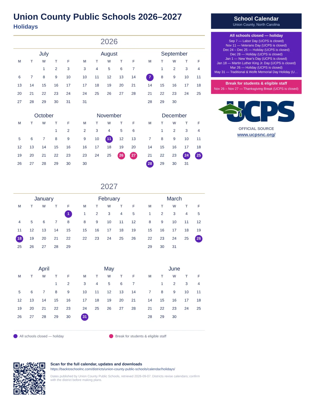 Union County Public Schools Holidays  printable calendar