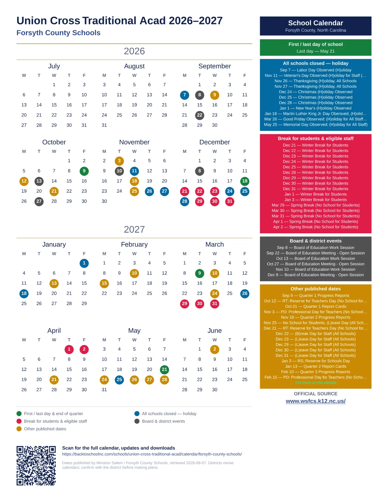 Union Cross Traditional Acad  printable calendar