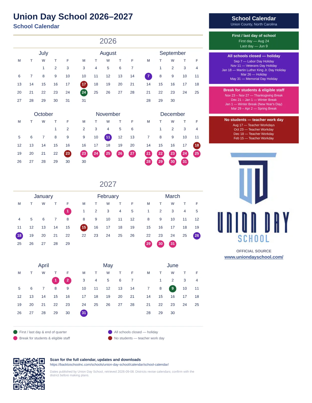 Union Day School School Calendar 2026–2027 printable calendar