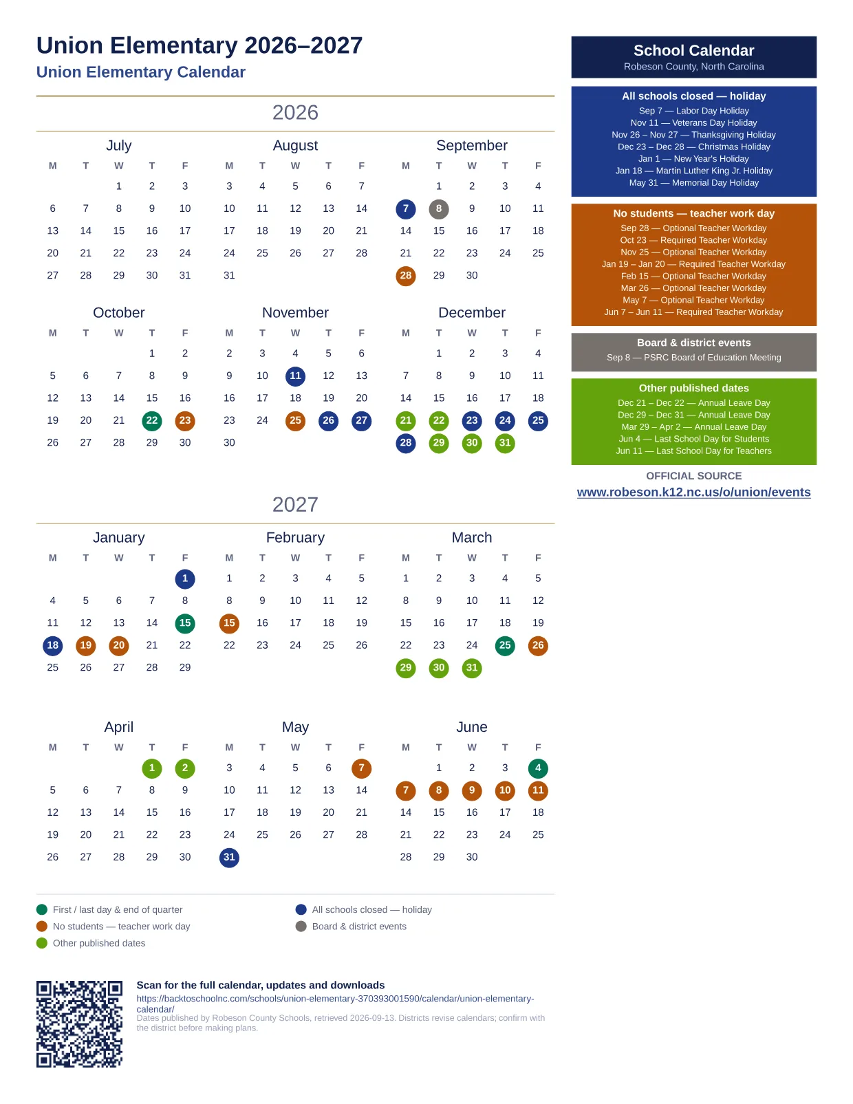 Union Elementary printable calendar