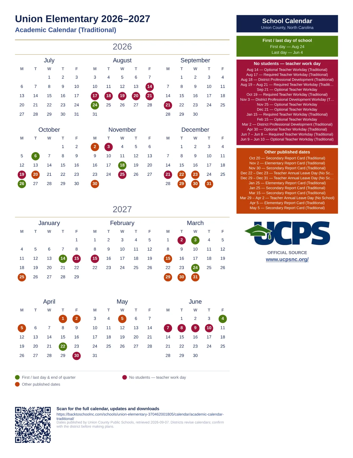 Union Elementary 2026–2027 printable calendar