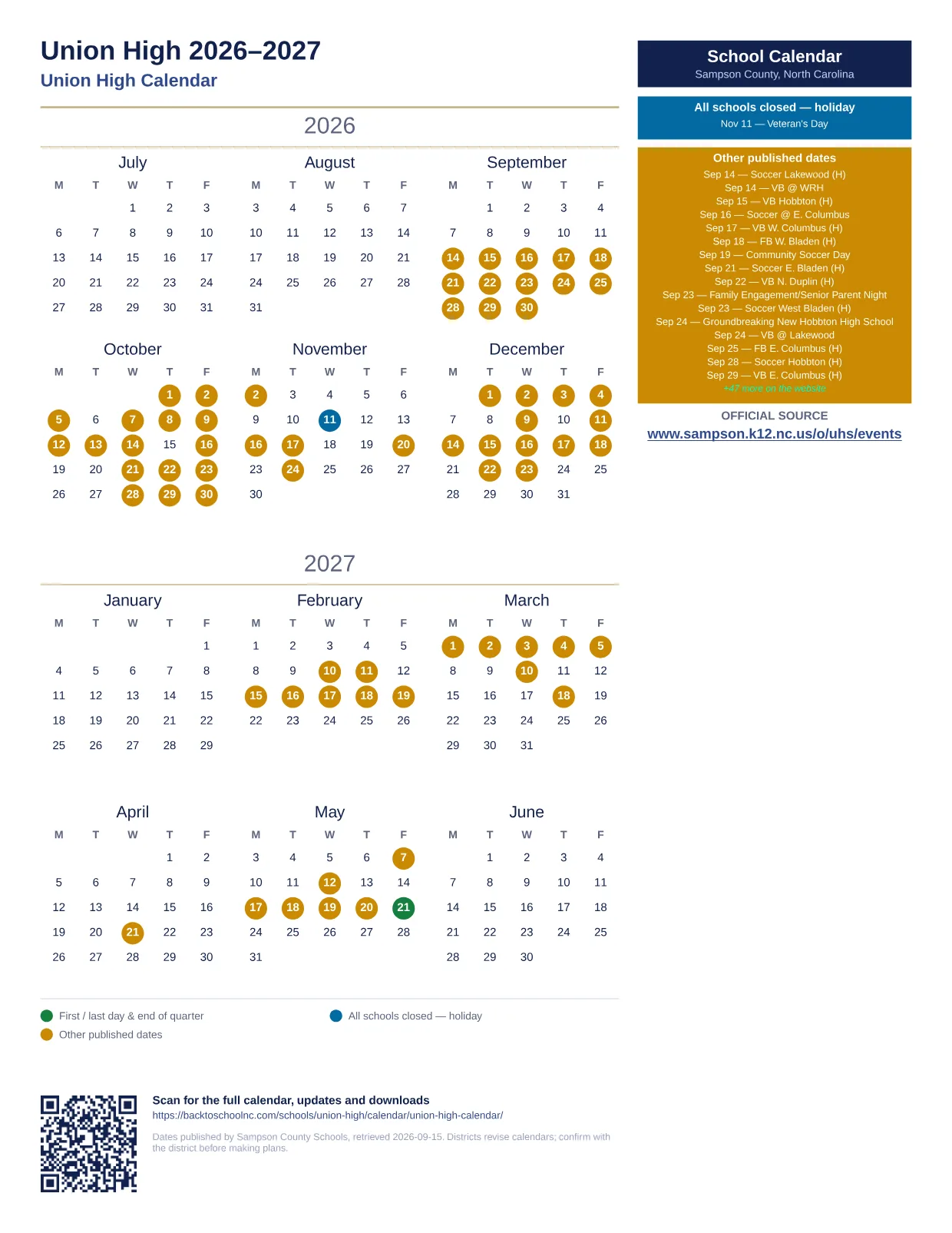 Union High printable calendar