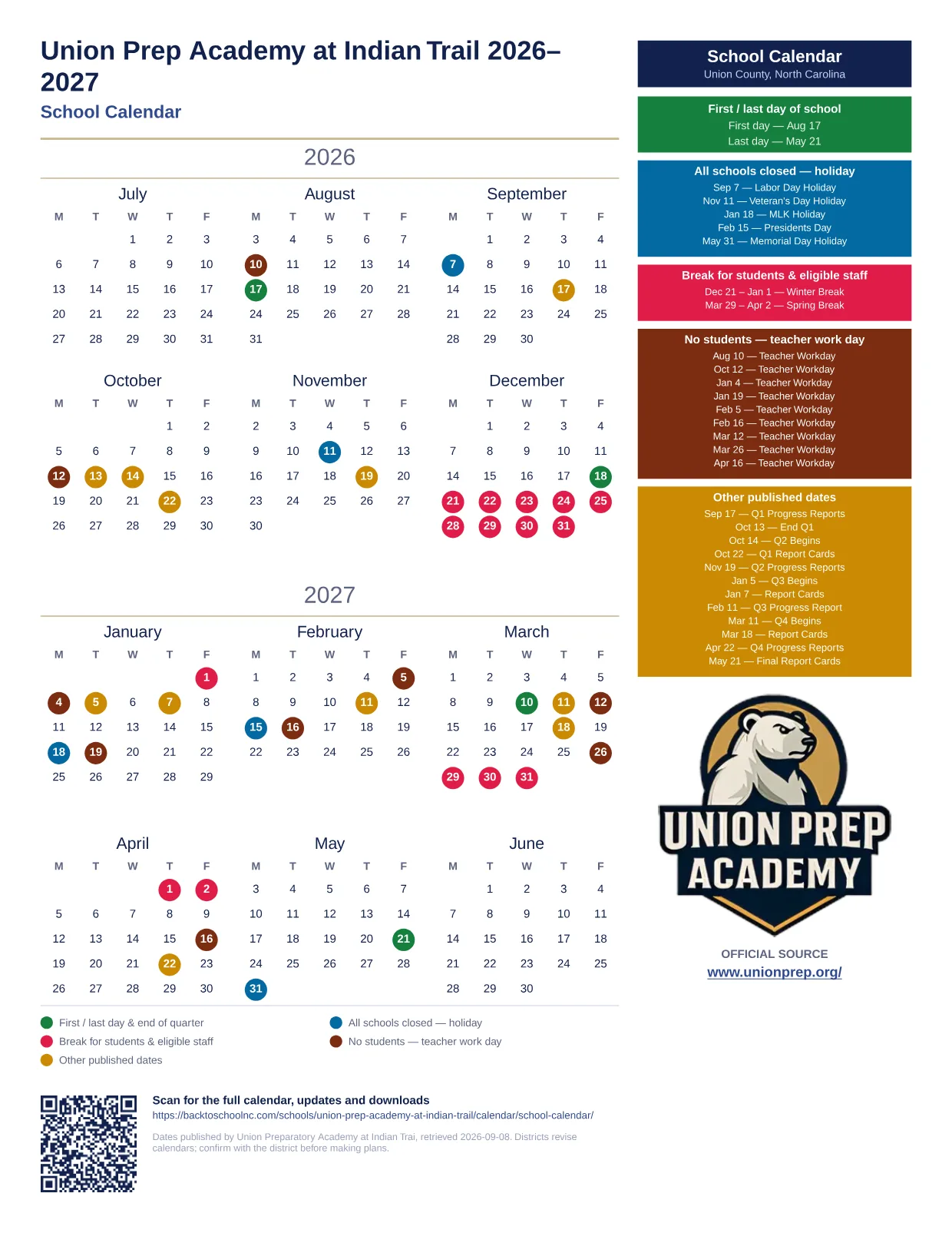 Union Prep Academy at Indian Trail  printable calendar