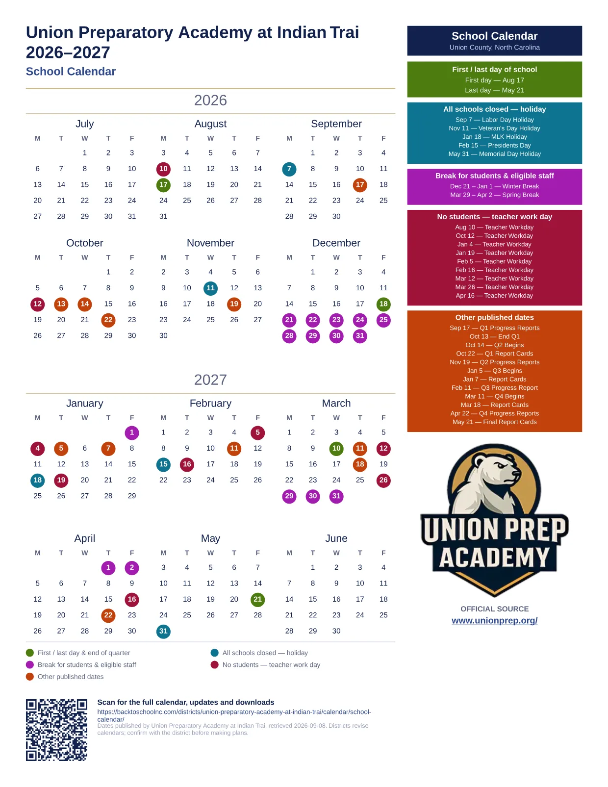 Union Preparatory Academy at Indian Trai School Calendar  printable calendar