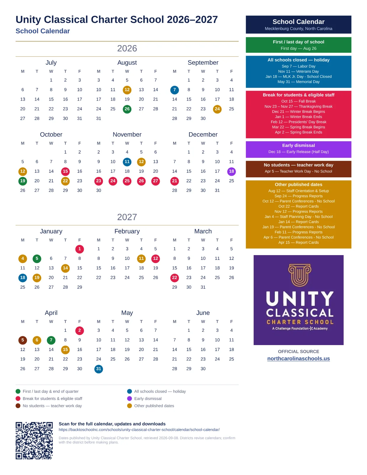 Unity Classical Charter School School Calendar 2026–2027 printable calendar