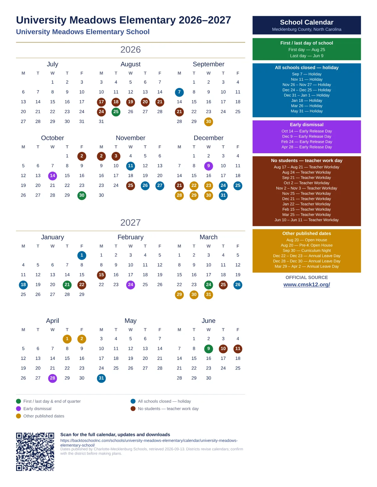 University Meadows Elementary 2026–2027 printable calendar