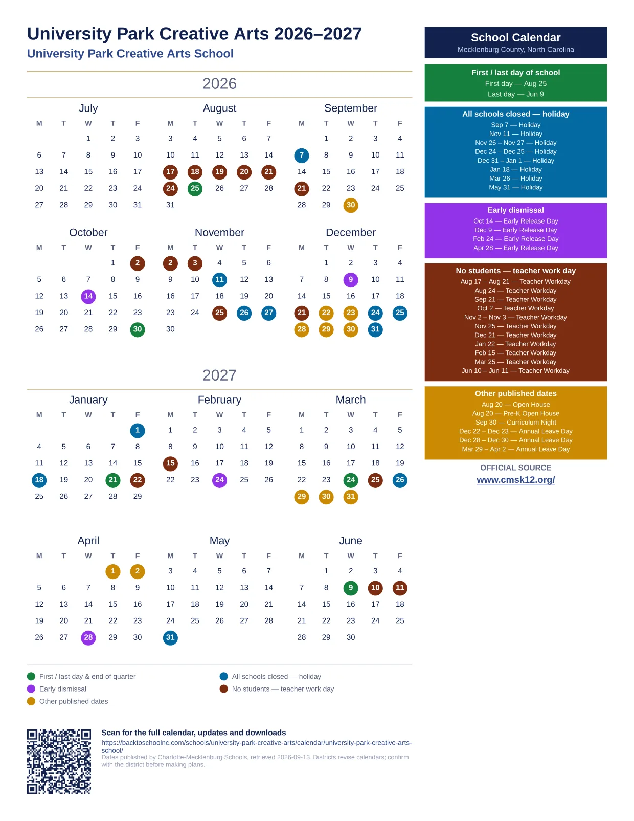 University Park Creative Arts 2026–2027 printable calendar