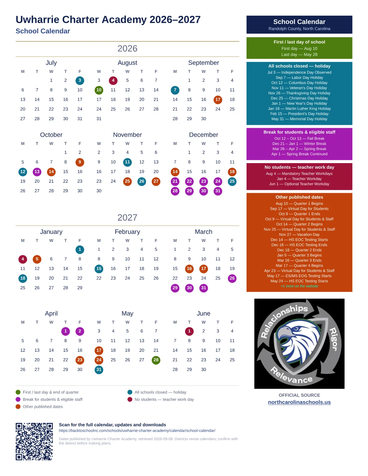 Uwharrie Charter Academy School Calendar 2026–2027 printable calendar