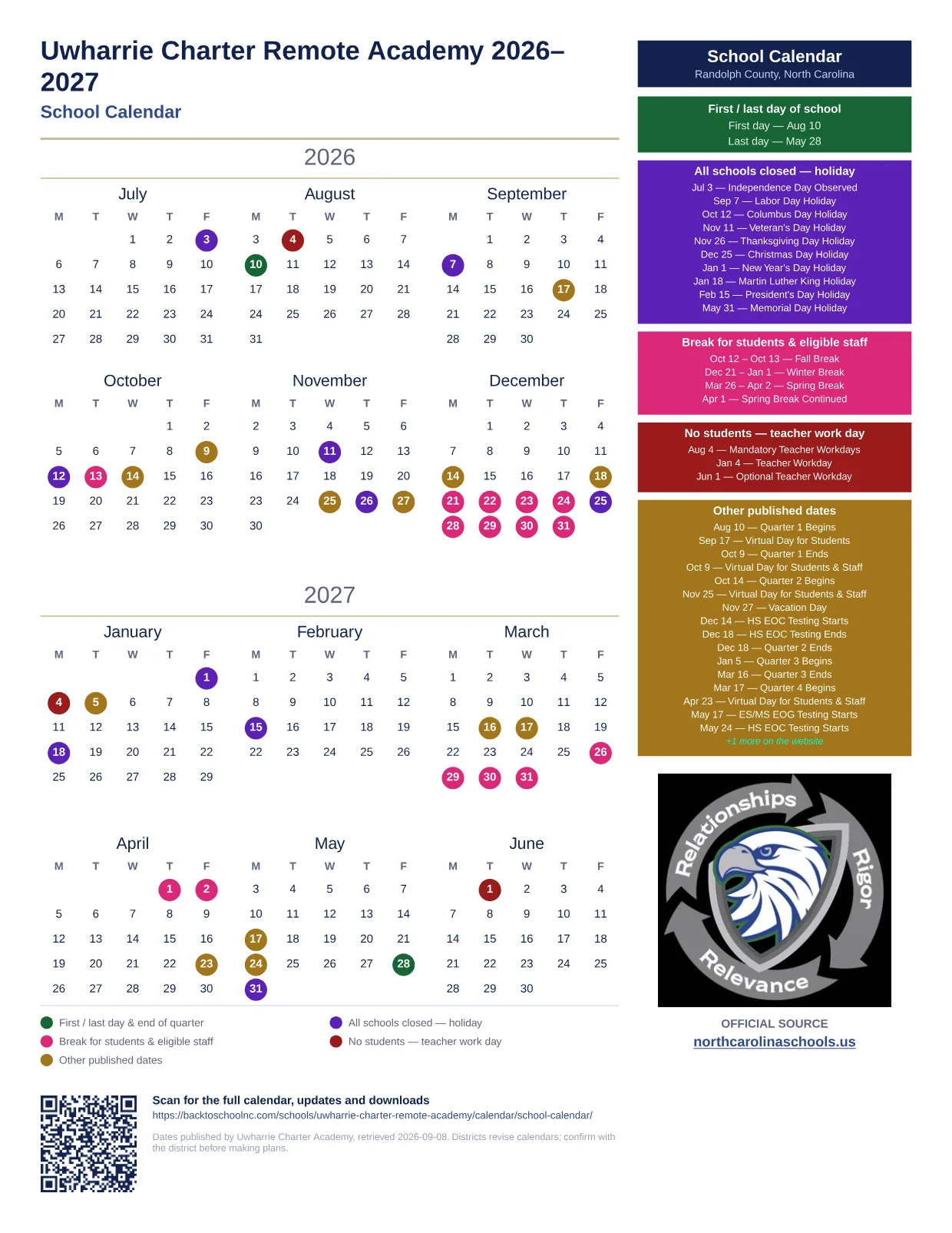 Uwharrie Charter Remote Academy 2026–2027 printable calendar