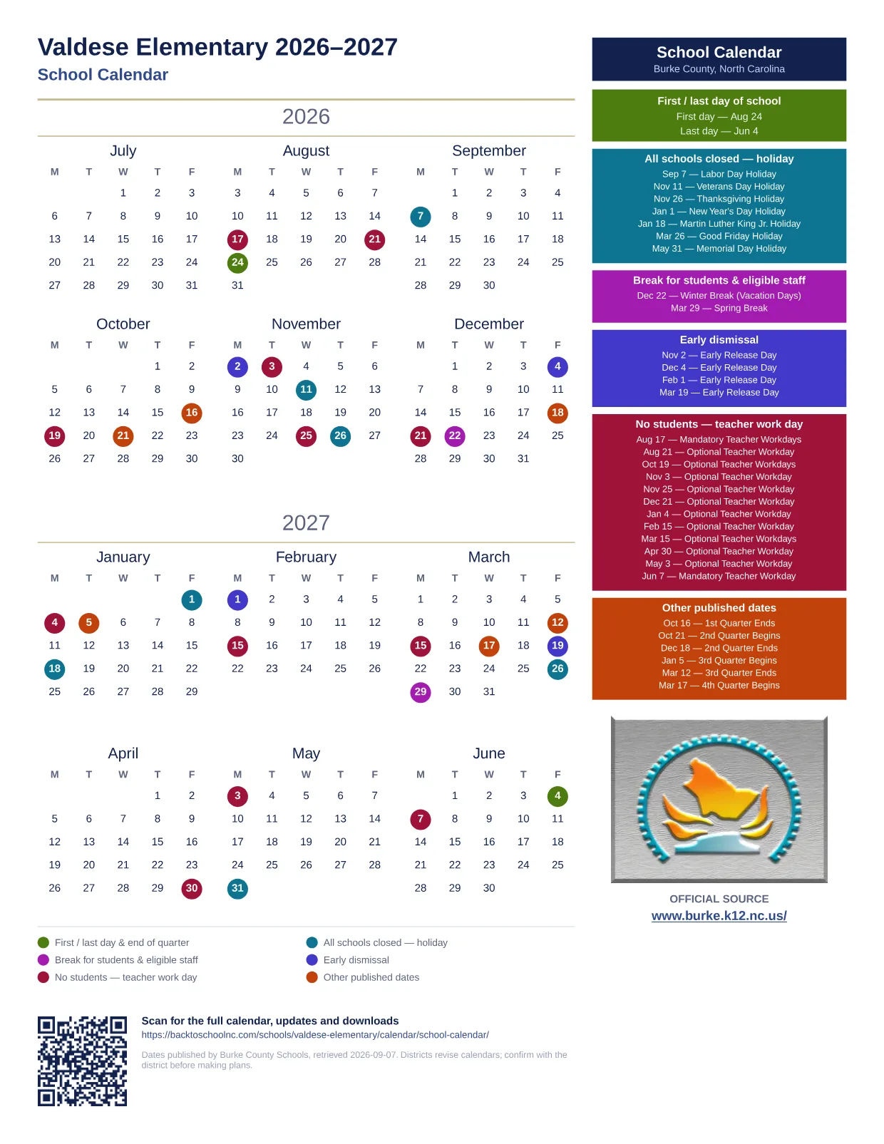Valdese Elementary 2026–2027 printable calendar