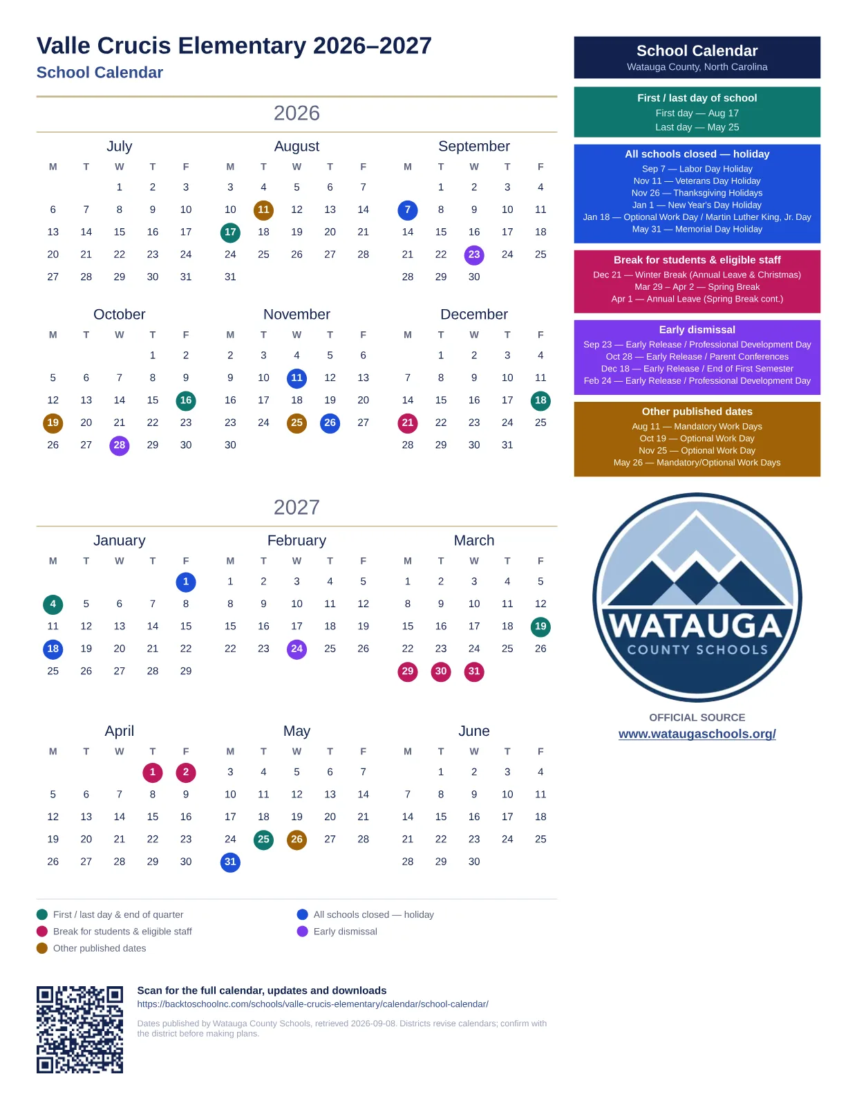 Valle Crucis Elementary 2026–2027 printable calendar