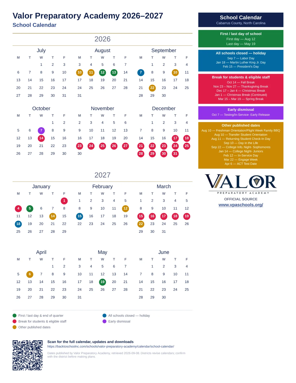 Valor Preparatory Academy School Calendar 2026–2027 printable calendar