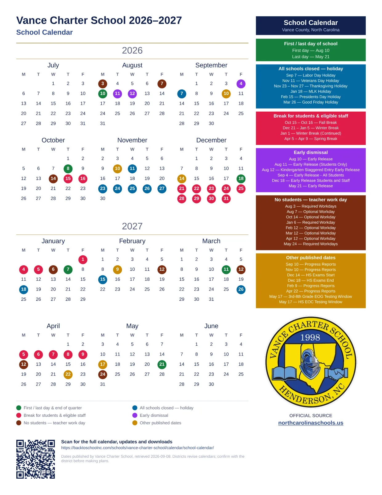 Vance Charter School School Calendar 2026–2027 printable calendar