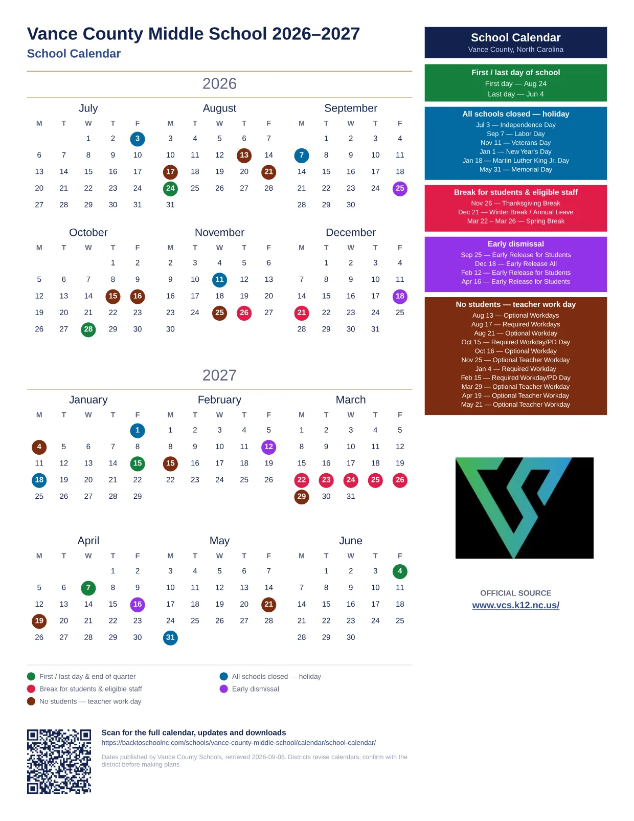 Vance County Middle School 2026–2027 printable calendar