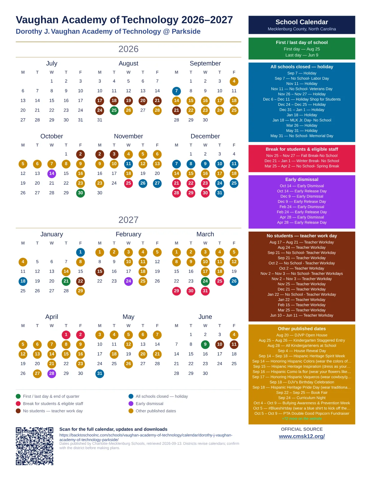 Vaughan Academy of Technology 2026–2027 printable calendar