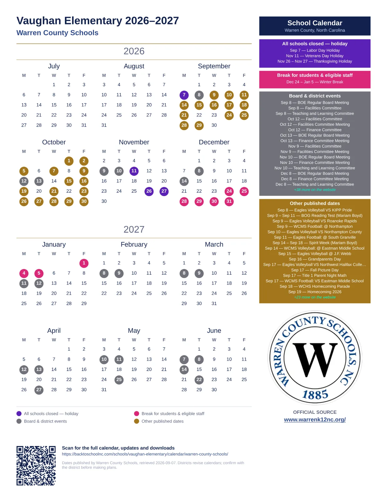 Vaughan Elementary  printable calendar