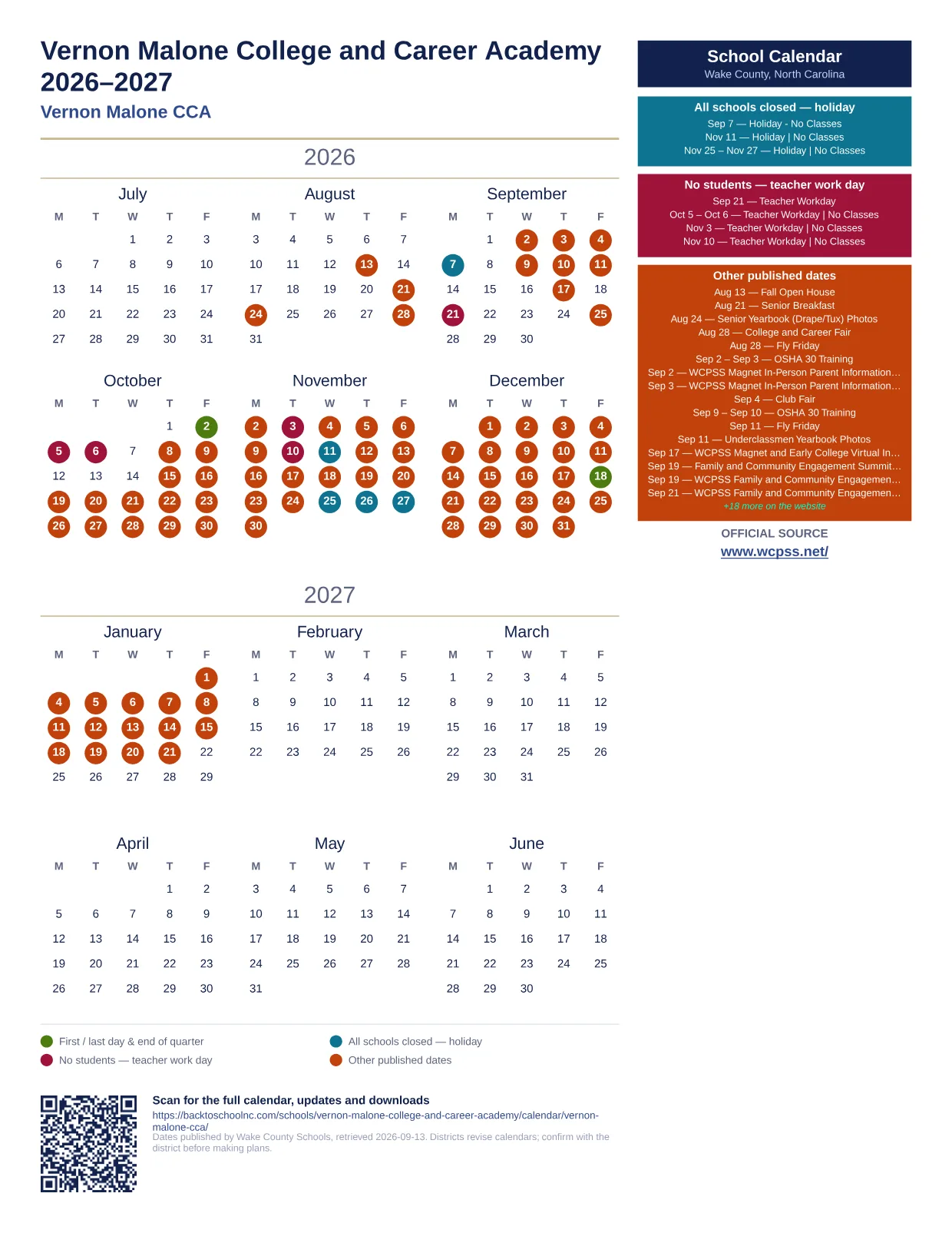 Vernon Malone College and Career Academy  printable calendar
