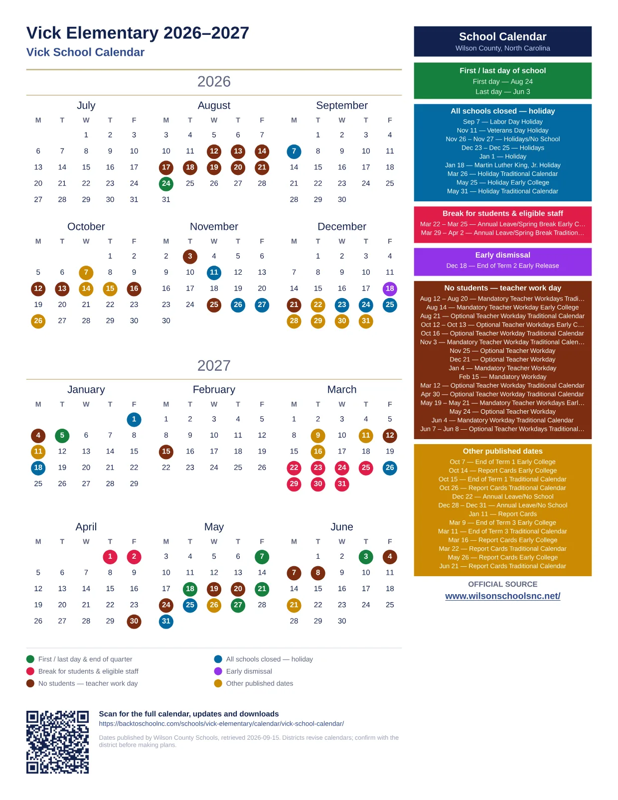 Vick Elementary 2026–2027 printable calendar