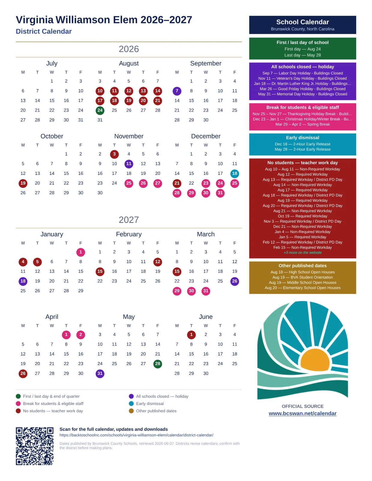 Virginia Williamson Elem 2026–2027 printable calendar