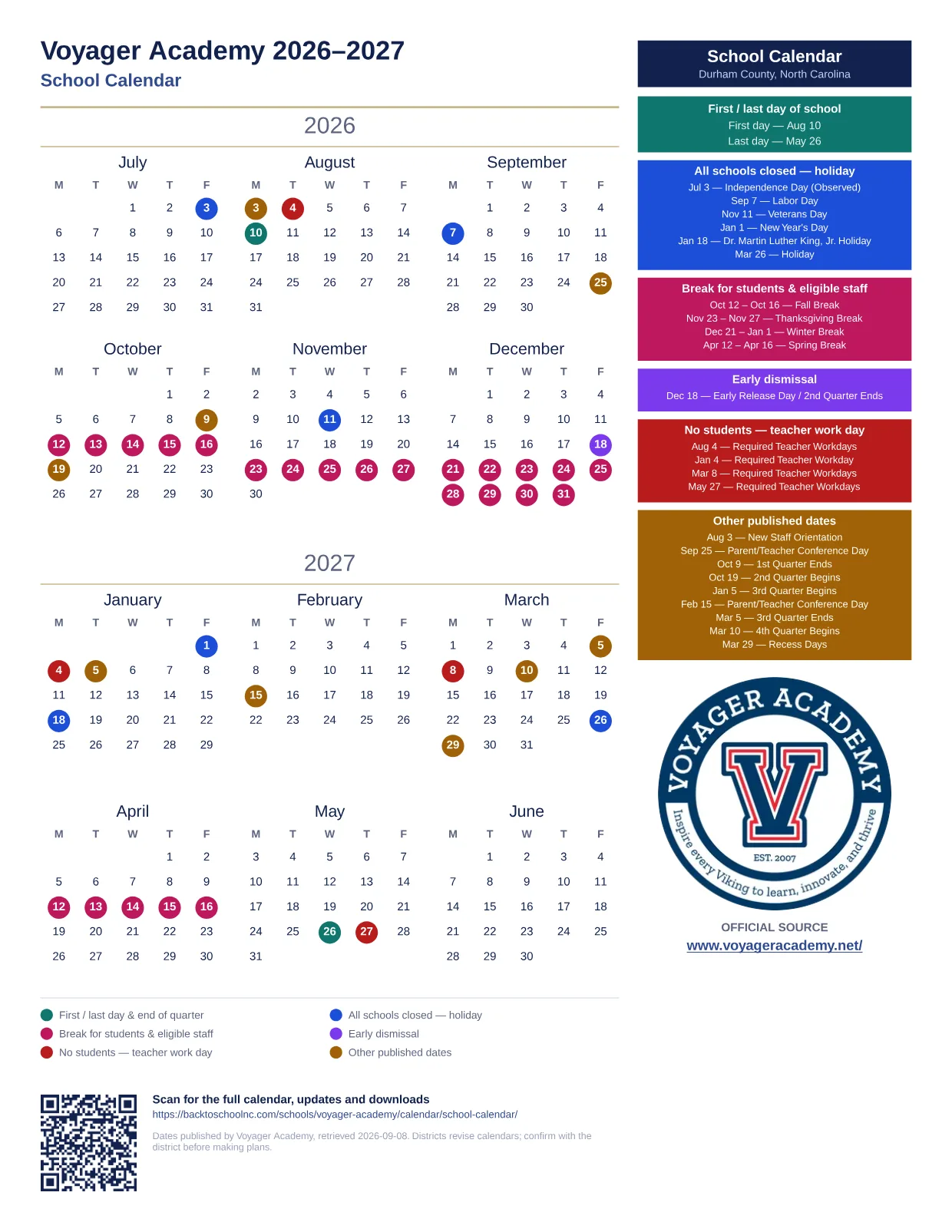 Voyager Academy School Calendar 2026–2027 printable calendar