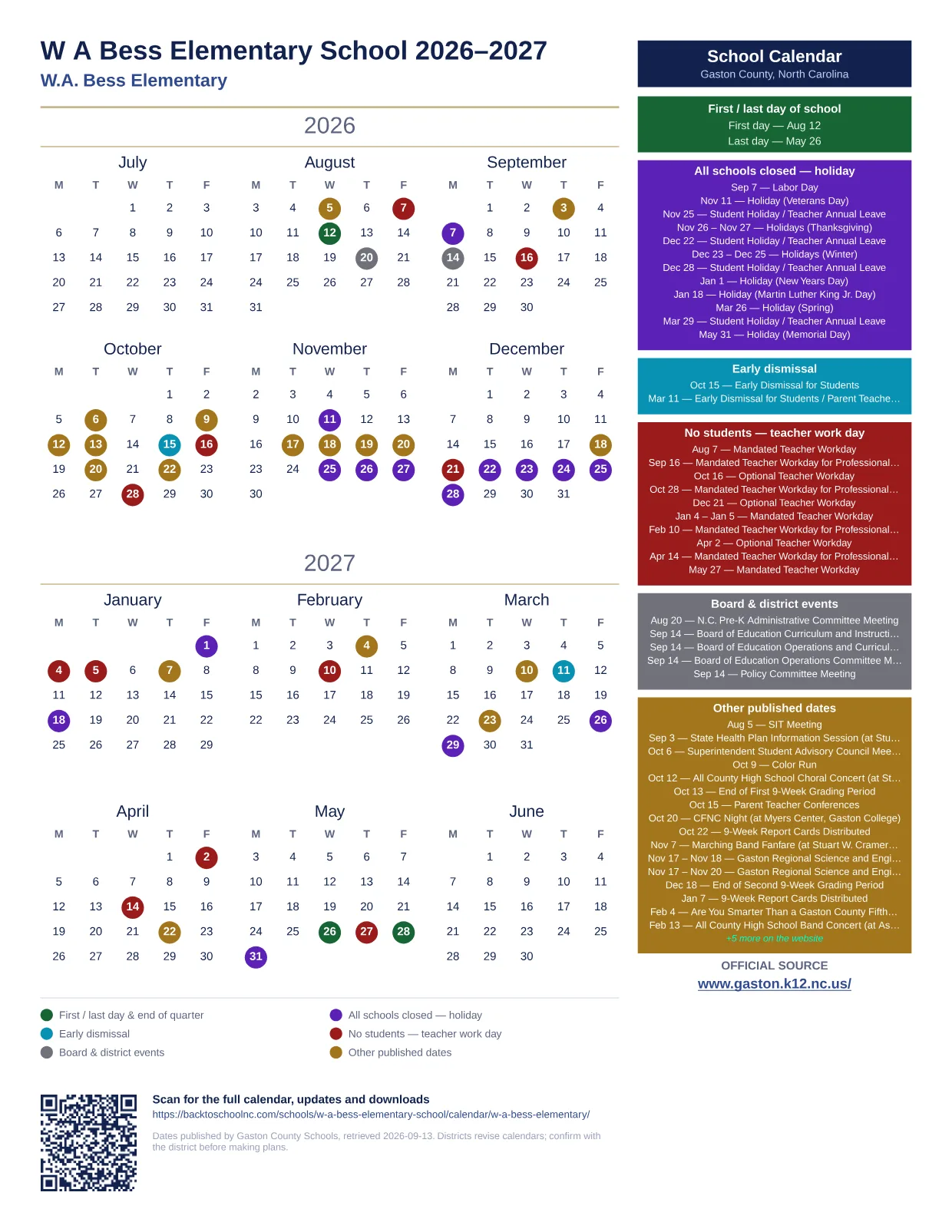 W A Bess Elementary School 2026–2027 printable calendar