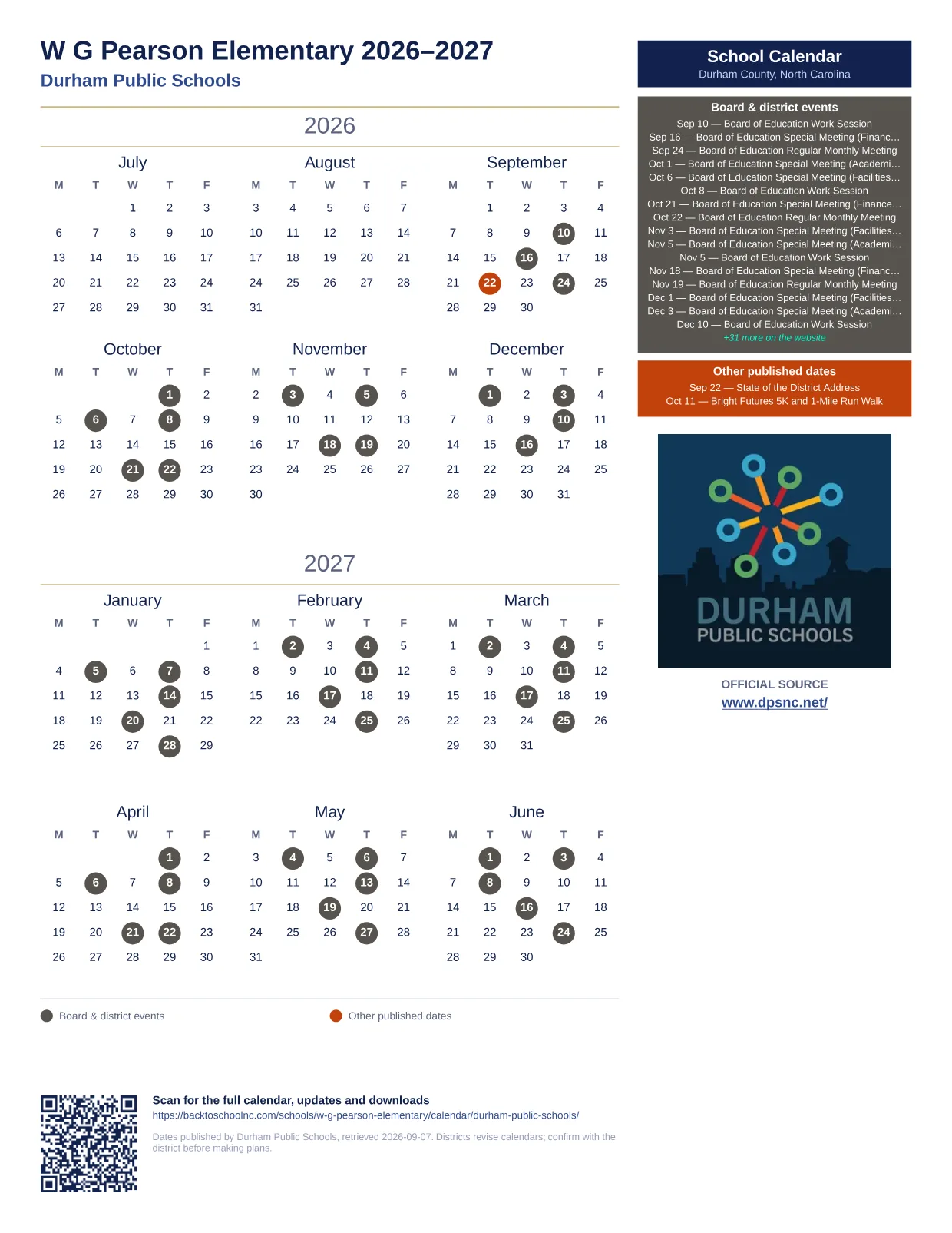 W G Pearson Elementary  printable calendar