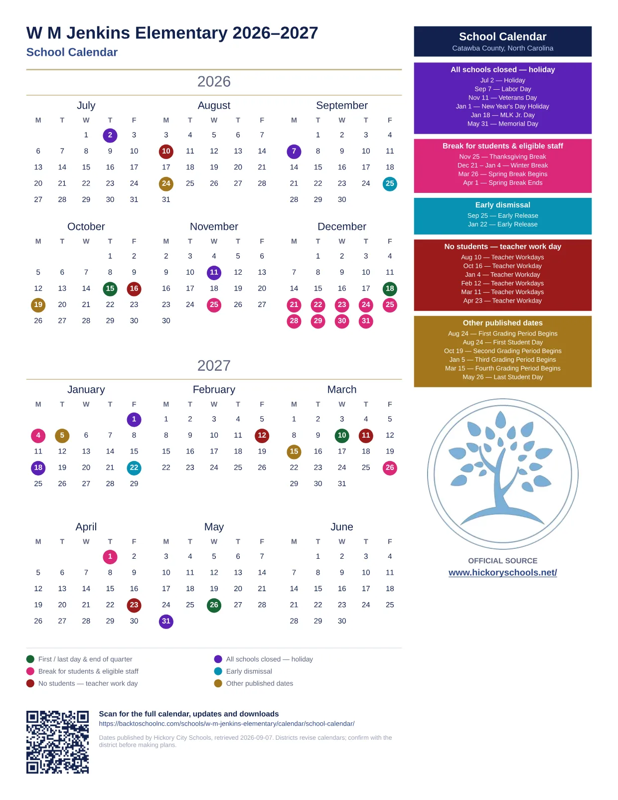 W M Jenkins Elementary printable calendar