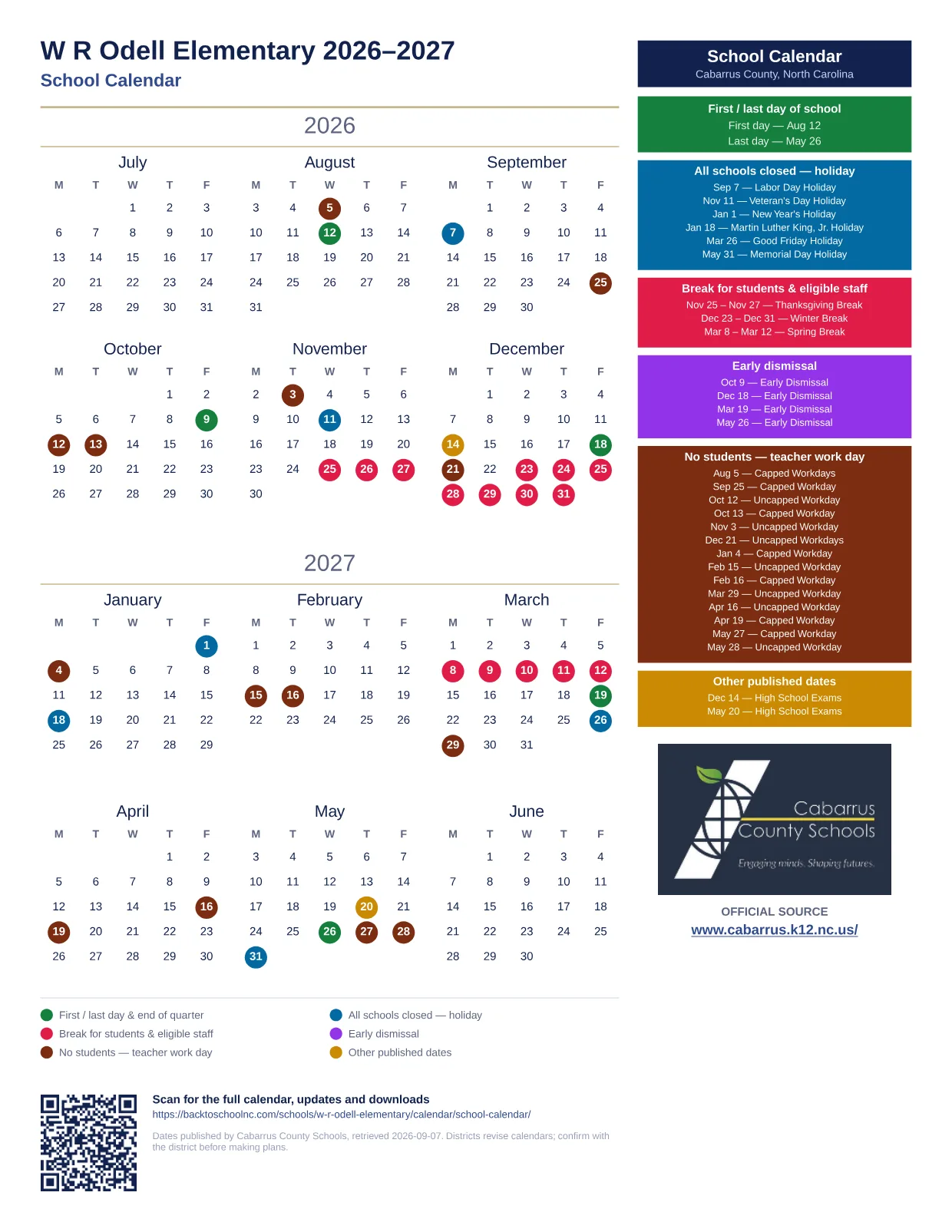 W R Odell Elementary 2026–2027 printable calendar