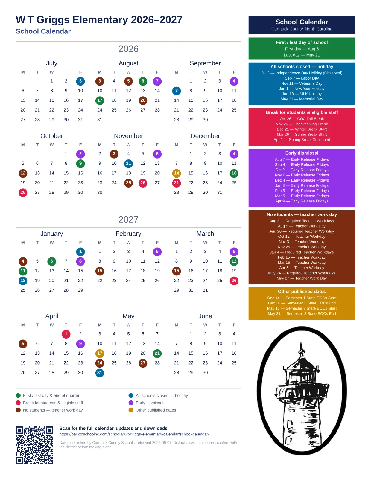 W T Griggs Elementary 2026–2027 printable calendar