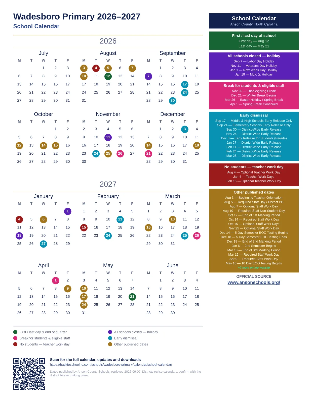 Wadesboro Primary 2026–2027 printable calendar