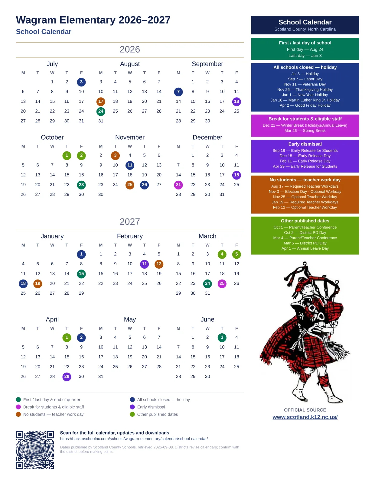 Wagram Elementary 2026–2027 printable calendar