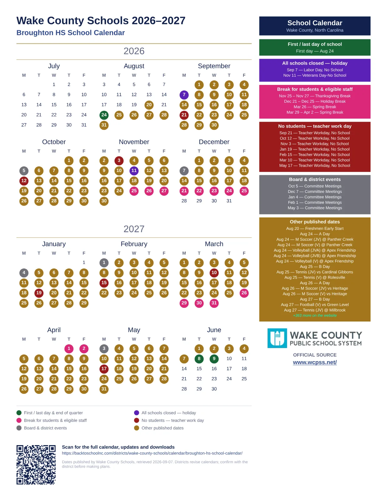 Wake County Schools Broughton HS School Calendar 2026–2027 printable calendar