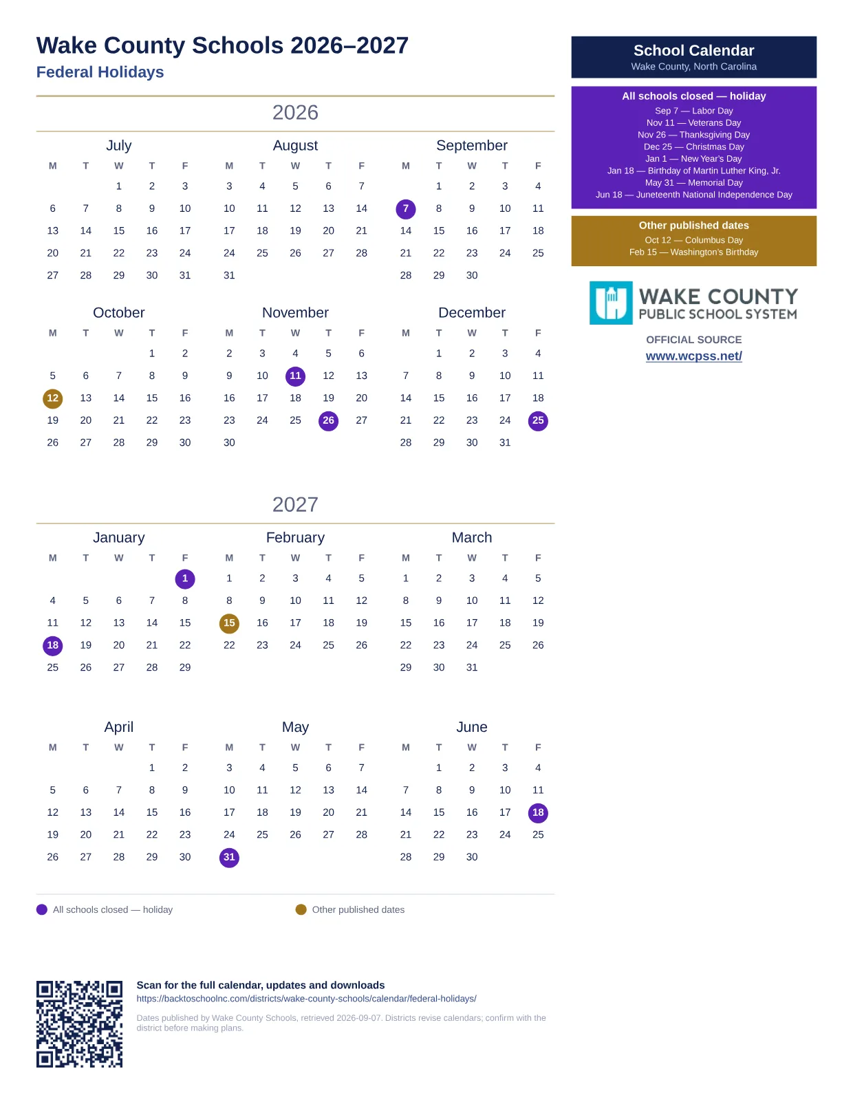Wake County Schools Federal Holidays  printable calendar