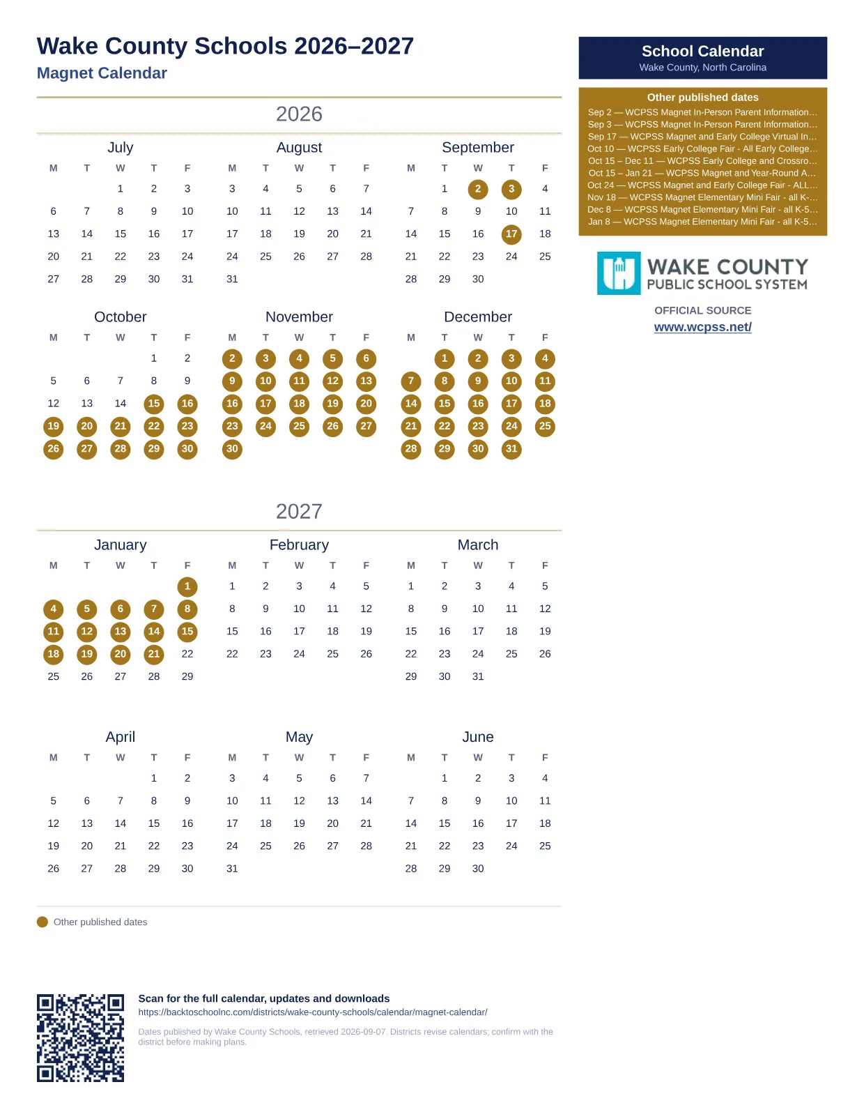 Wake County Schools Magnet Calendar  printable calendar
