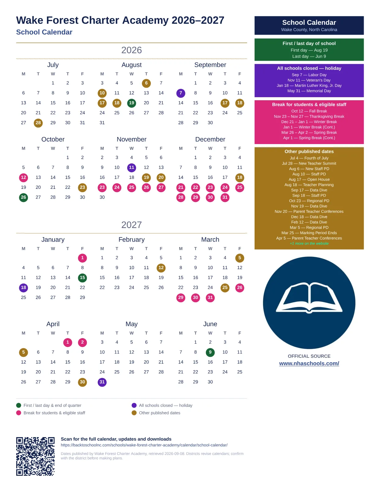 Wake Forest Charter Academy School Calendar 2026–2027 printable calendar